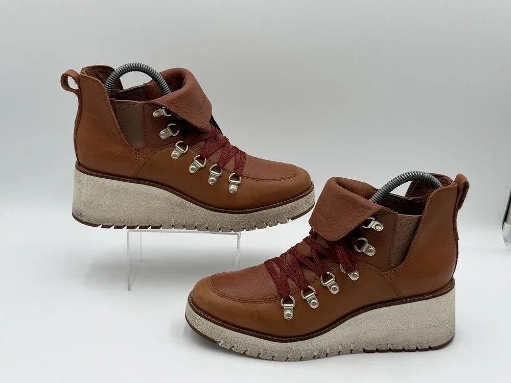 COLE HAAN GrandExplore Women's Sz 8.5B Ankle Boots Wedge Brown Leather